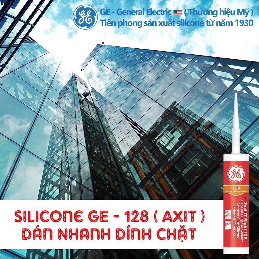 Keo silicone GE128 axit, Keo silicon dùng cho nghành cửa kính, và Kính
